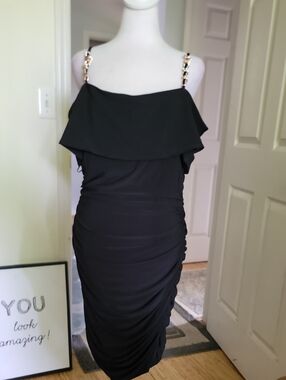 R&M RichardsChic Black Ruffled Midi Dress with Embellished Straps